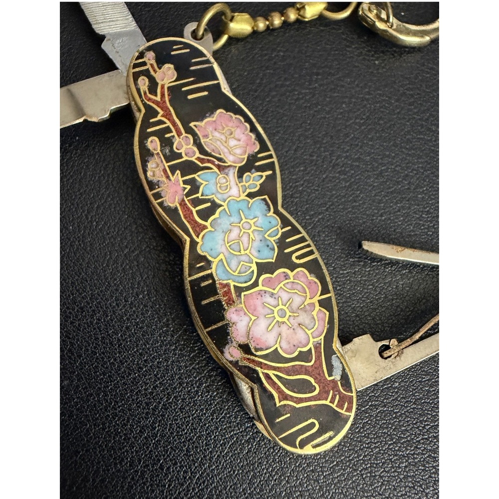Vintage Cloisonne Keychain Multi Tool Black Floral Cherry Blossom Pocket
